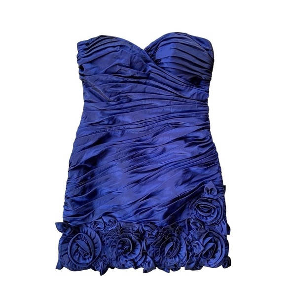 Davids Bridal Strapless Pleated Flower Bridesmaids Mini Dress Navy Blue Size 10 - Picture 7 of 7